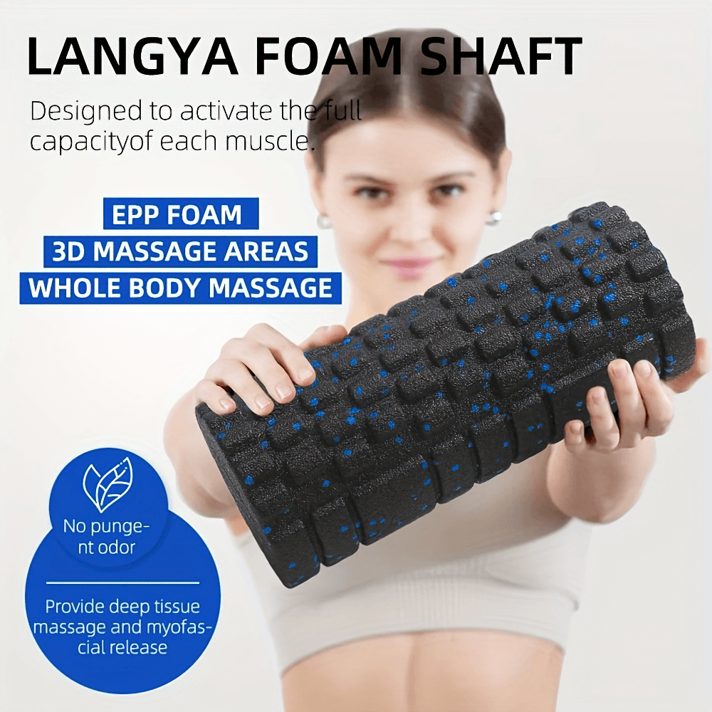 Woman holding an ergonomic 3D textured foam roller for deep tissue massage and myofascial release, ideal for Pilates recovery.