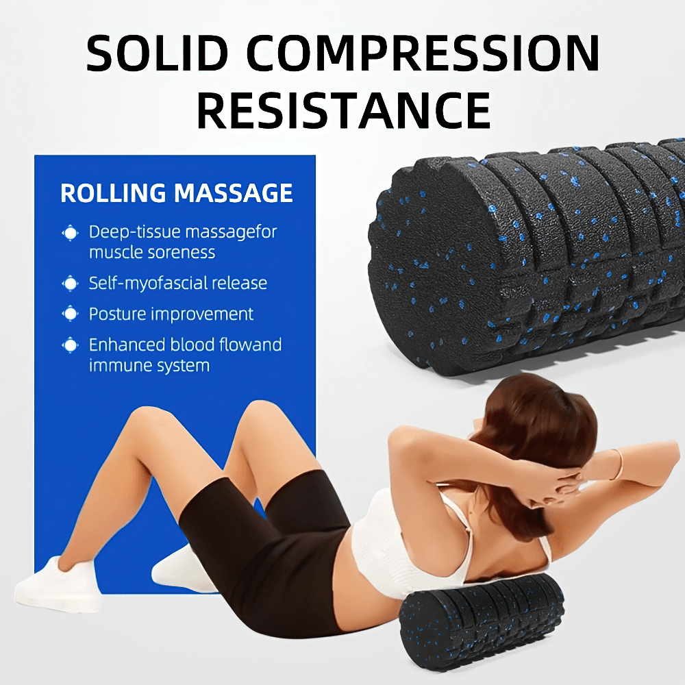 Woman using ergonomic foam roller for deep tissue massage and muscle relief during Pilates recovery.