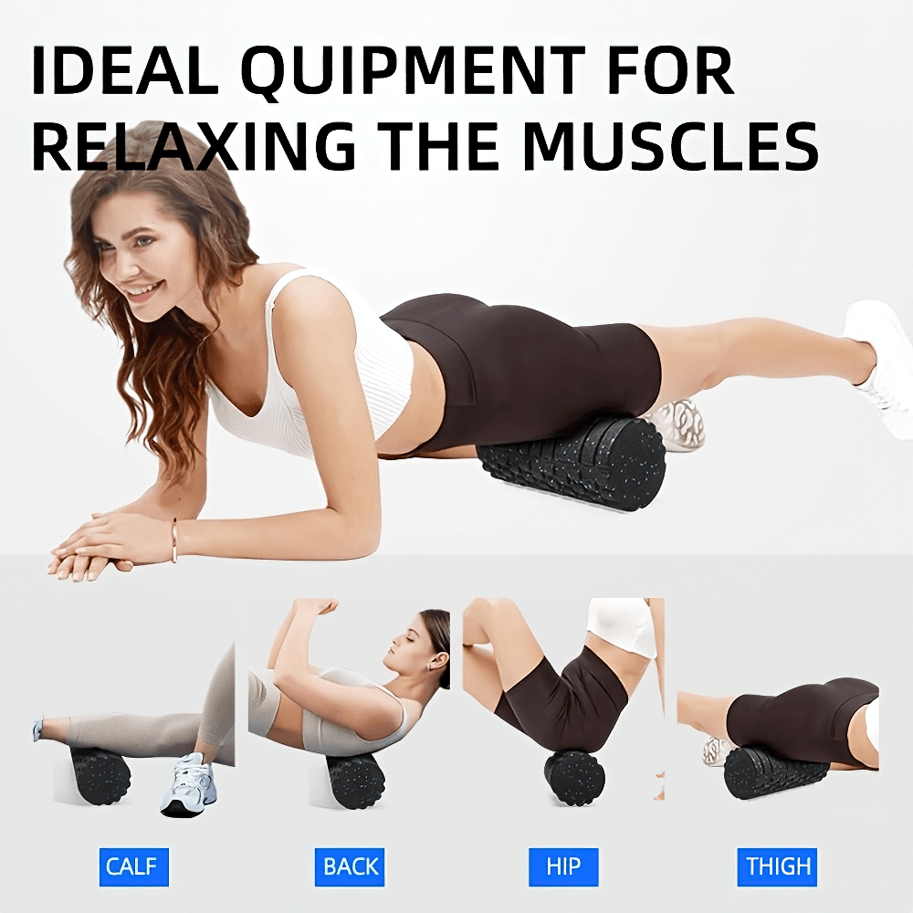 Woman using 3D textured foam roller for deep tissue massage on back and legs, promoting muscle relaxation and circulation.