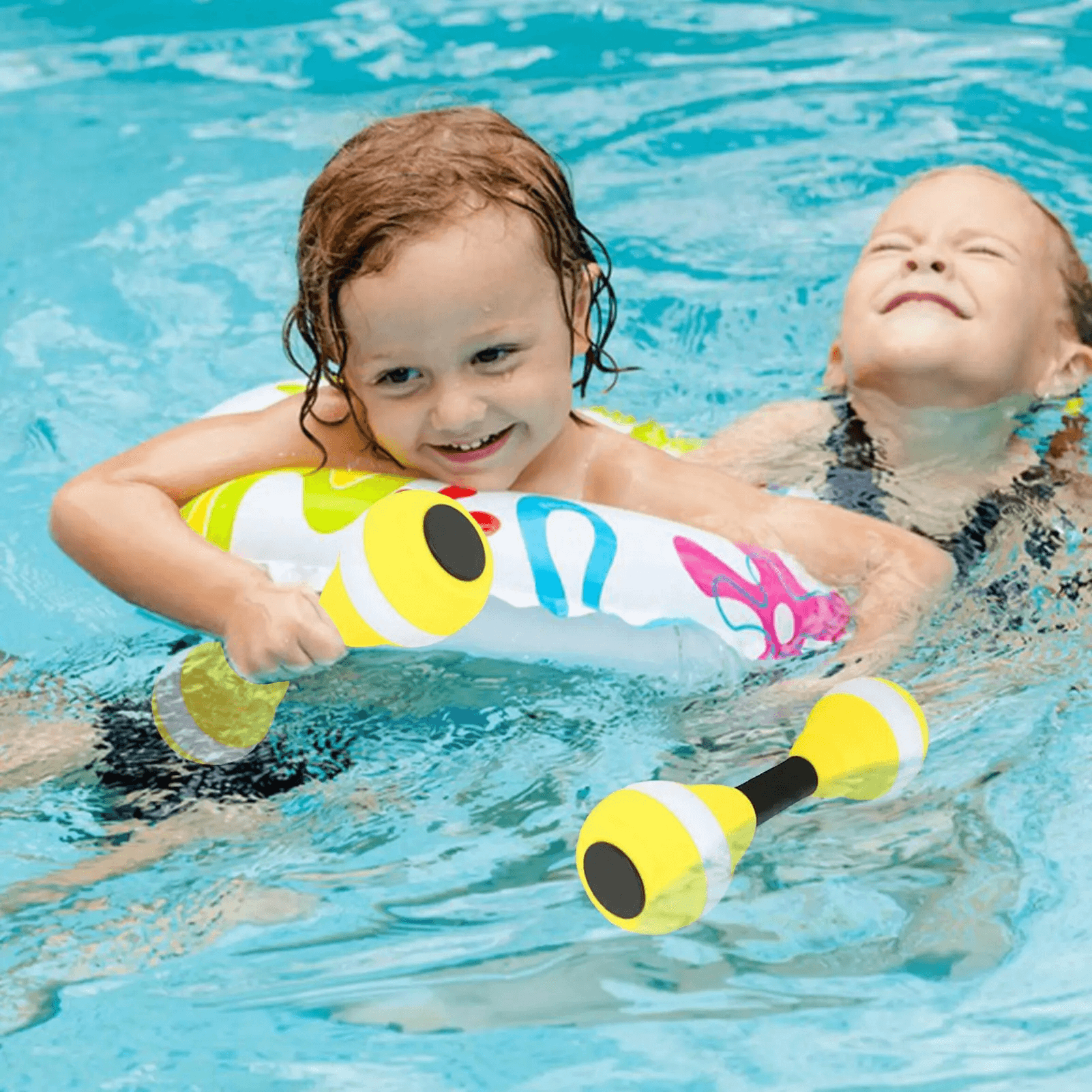Kids playing in pool with EVA foam aquatic dumbbells for swimming exercise and fun.