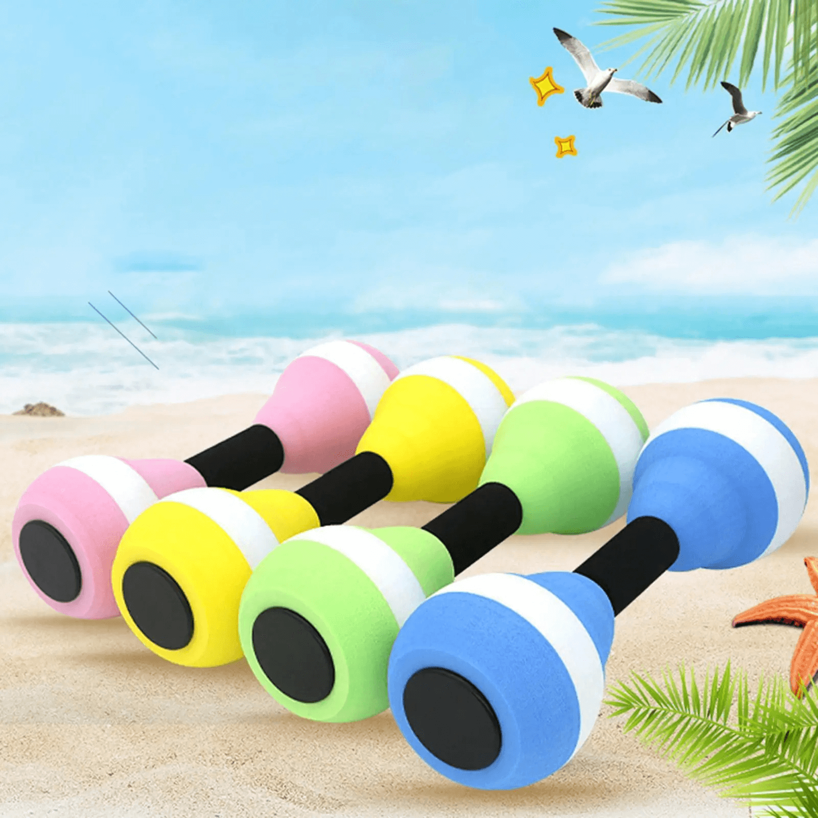Colorful EVA foam aquatic dumbbells for pool exercise, perfect for swimming and aqua aerobics, floating on a sunny beach.