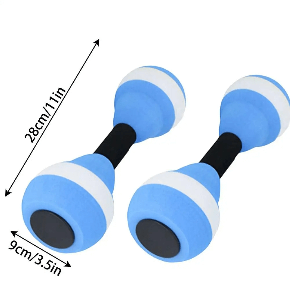 Blue EVA foam aquatic dumbbells for pool exercise, measuring 28cm in length and 9cm in diameter, ideal for water workouts and fun.