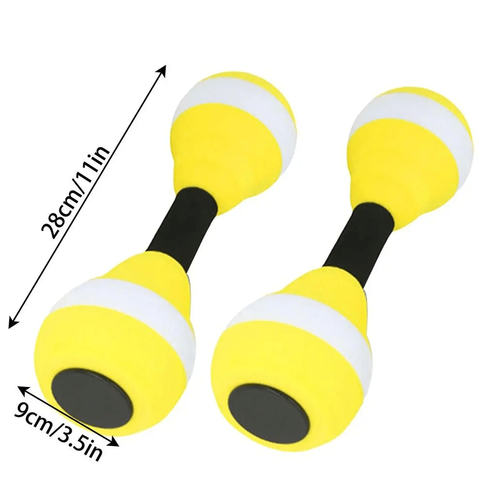 Yellow EVA foam aquatic dumbbells for pool exercise, lightweight floating design for fun and effective water workouts.
