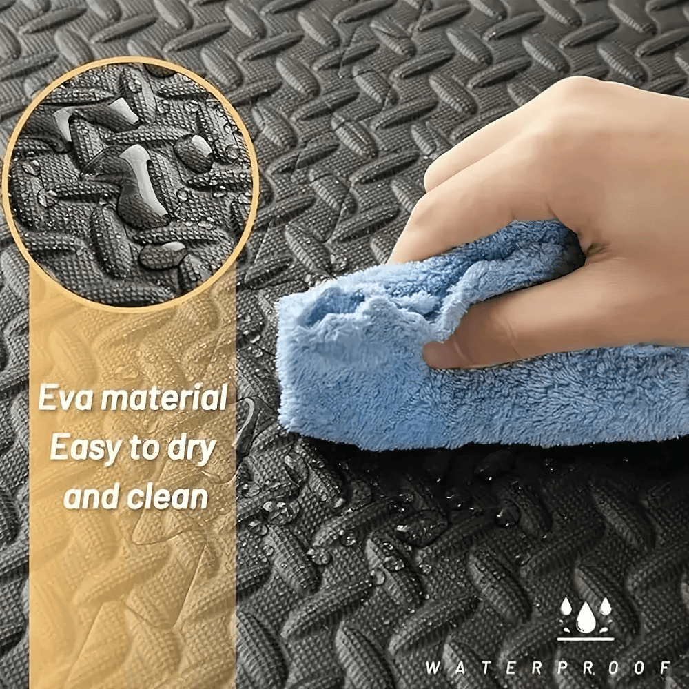 Cleaning a waterproof EVA Foam Exercise Mats for Gym Flooring and Yoga - SF3474 with blue cloth, showcasing durability and easy maintenance.