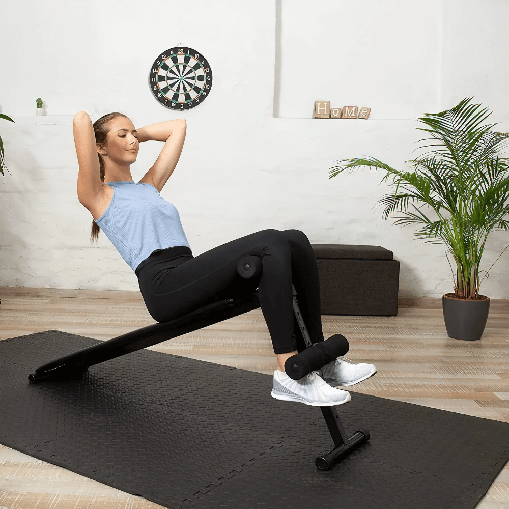 Exercise session on EVA Foam Exercise Mats for Gym Flooring and Yoga - SF3474, featuring a woman performing sit-ups in a home gym.