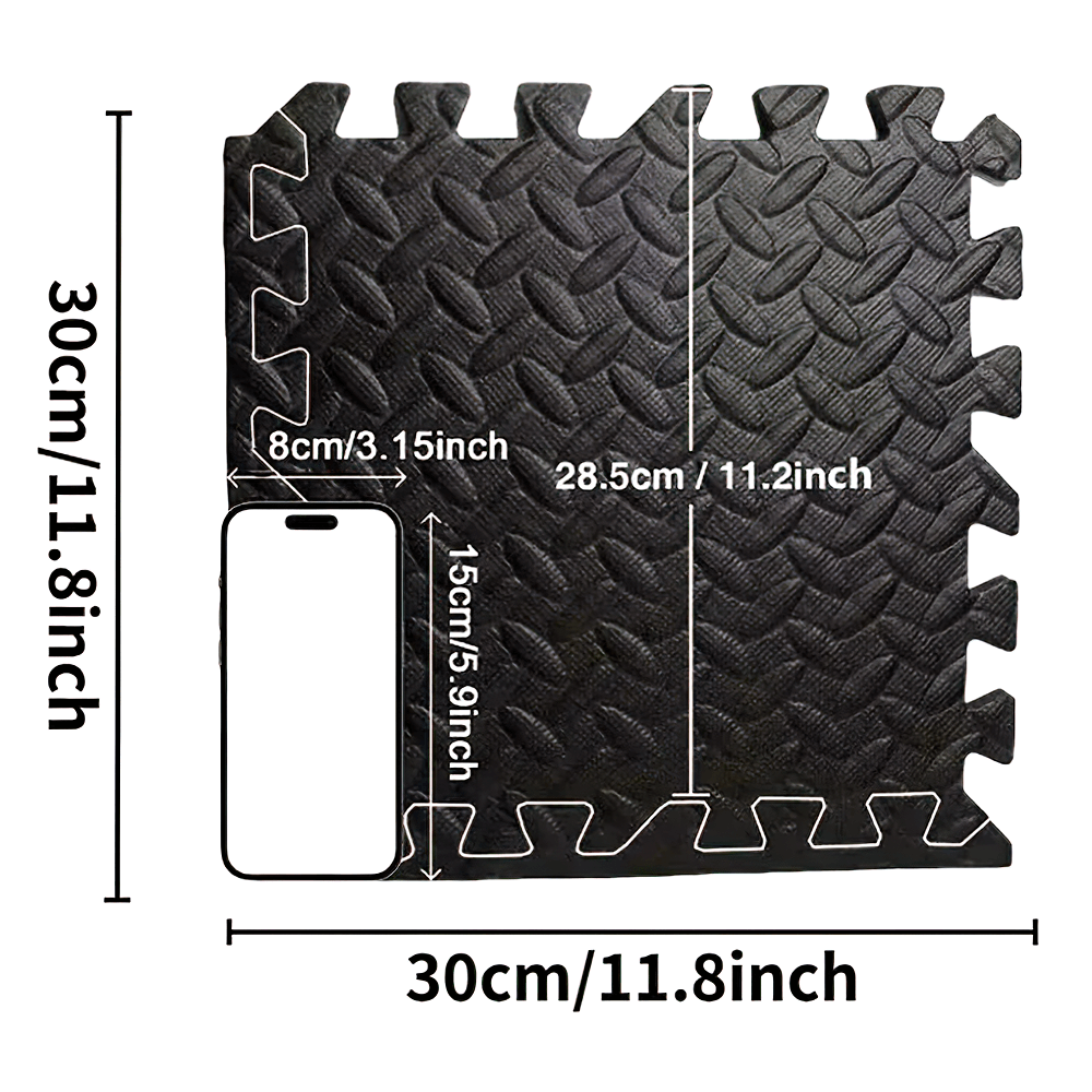 EVA Foam Exercise Mats for Gym Flooring and Yoga - SF3474 with interlocking design, shown with dimensions and phone for scale.