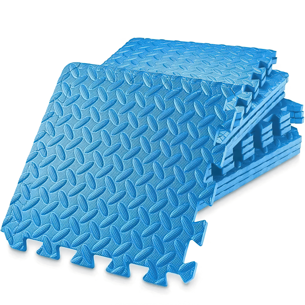 Non-Slip EVA Foam Exercise Mats for Gym Flooring and Yoga - SF3474, blue interlocking tiles, ideal for fitness, yoga, and aerobics.