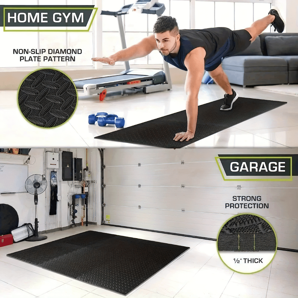 Man exercising on EVA Foam Exercise Mats for Gym Flooring and Yoga - SF3474 showcasing non-slip pattern and thickness in home gym and garage settings.