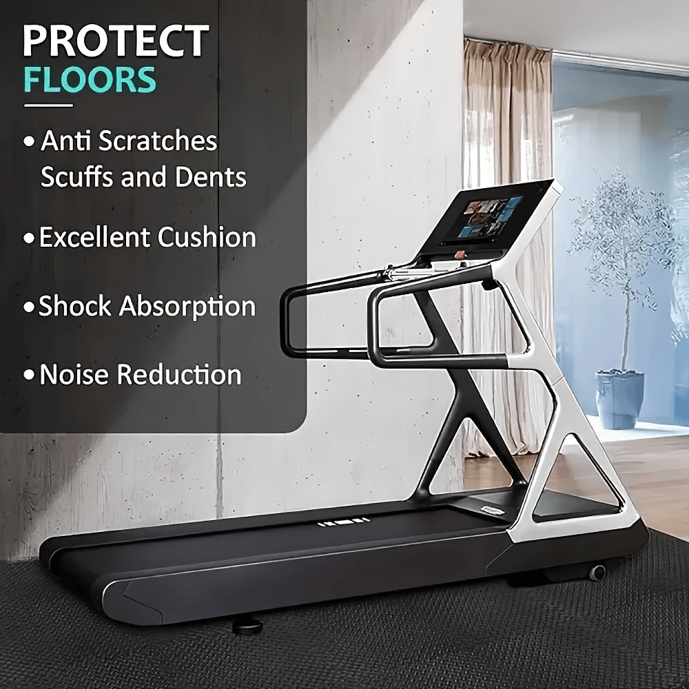 Treadmill on EVA Foam Exercise Mats for Gym Flooring and Yoga - SF3474, showcasing anti-scratch, cushioning, shock absorption, noise reduction benefits.