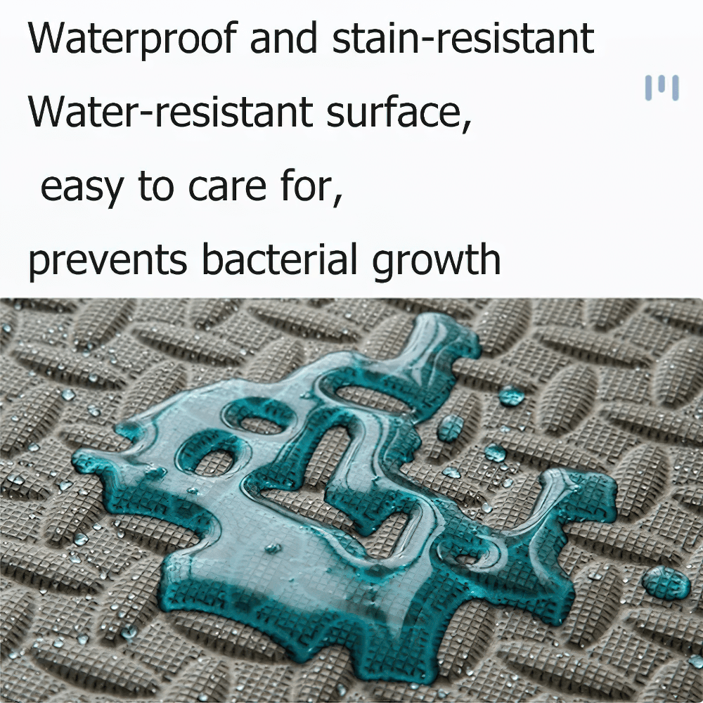 Water on EVA Foam Exercise Mats for Gym Flooring and Yoga - SF3474, showcasing waterproof, stain-resistant, and antibacterial features.