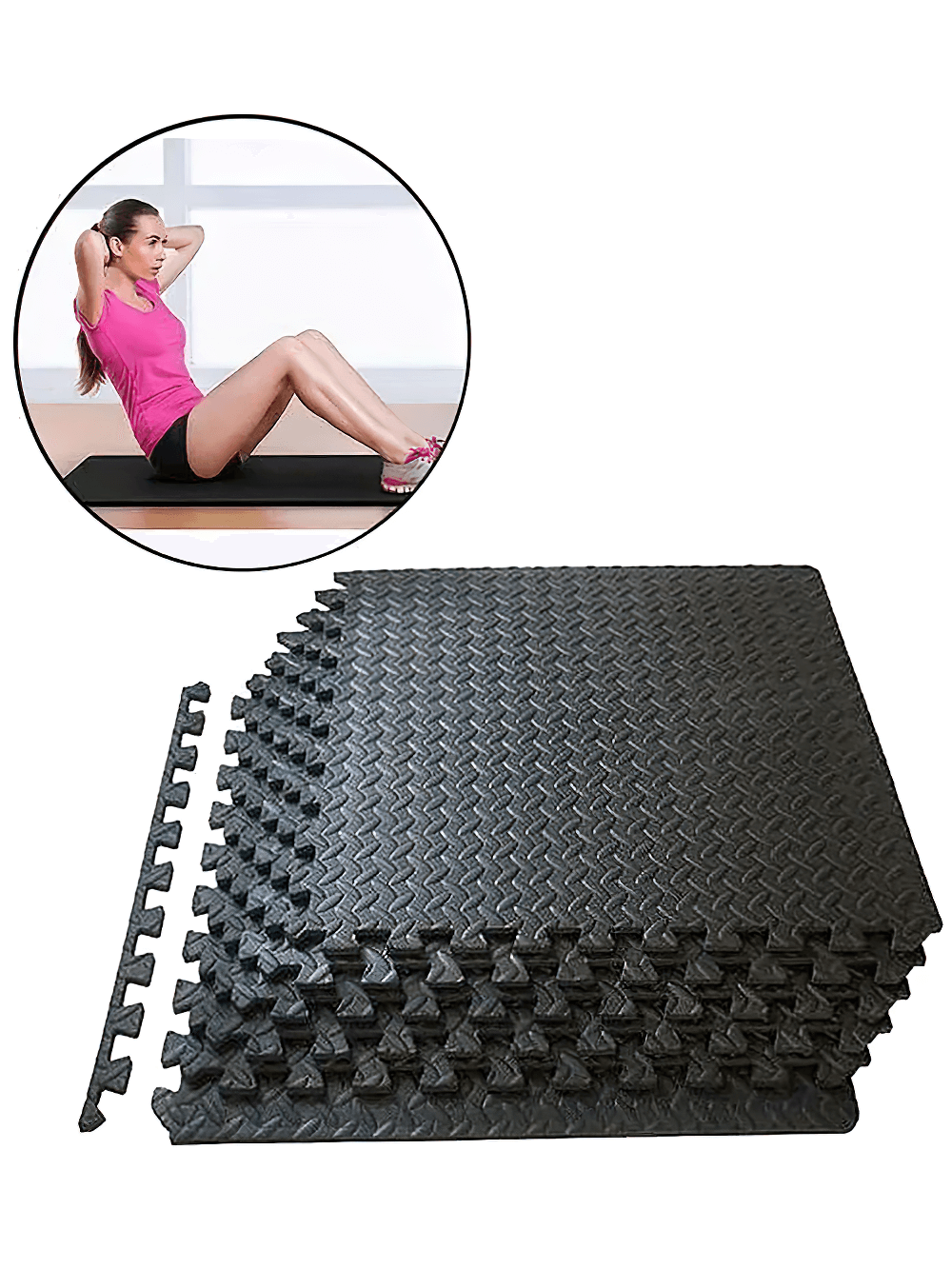 EVA Foam Exercise Mats for Gym Flooring and Yoga - SF3474 shown with interlocking tiles and a woman doing sit-ups for fitness.