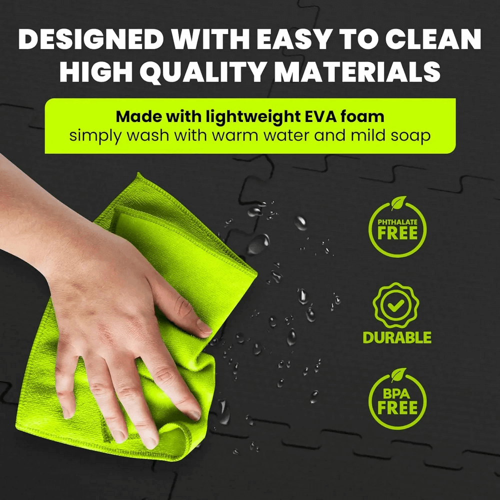Cleaning EVA Foam Interlocking Floor Mats for Home Flooring - SF3480 with damp cloth, highlighting durability and eco-friendliness.