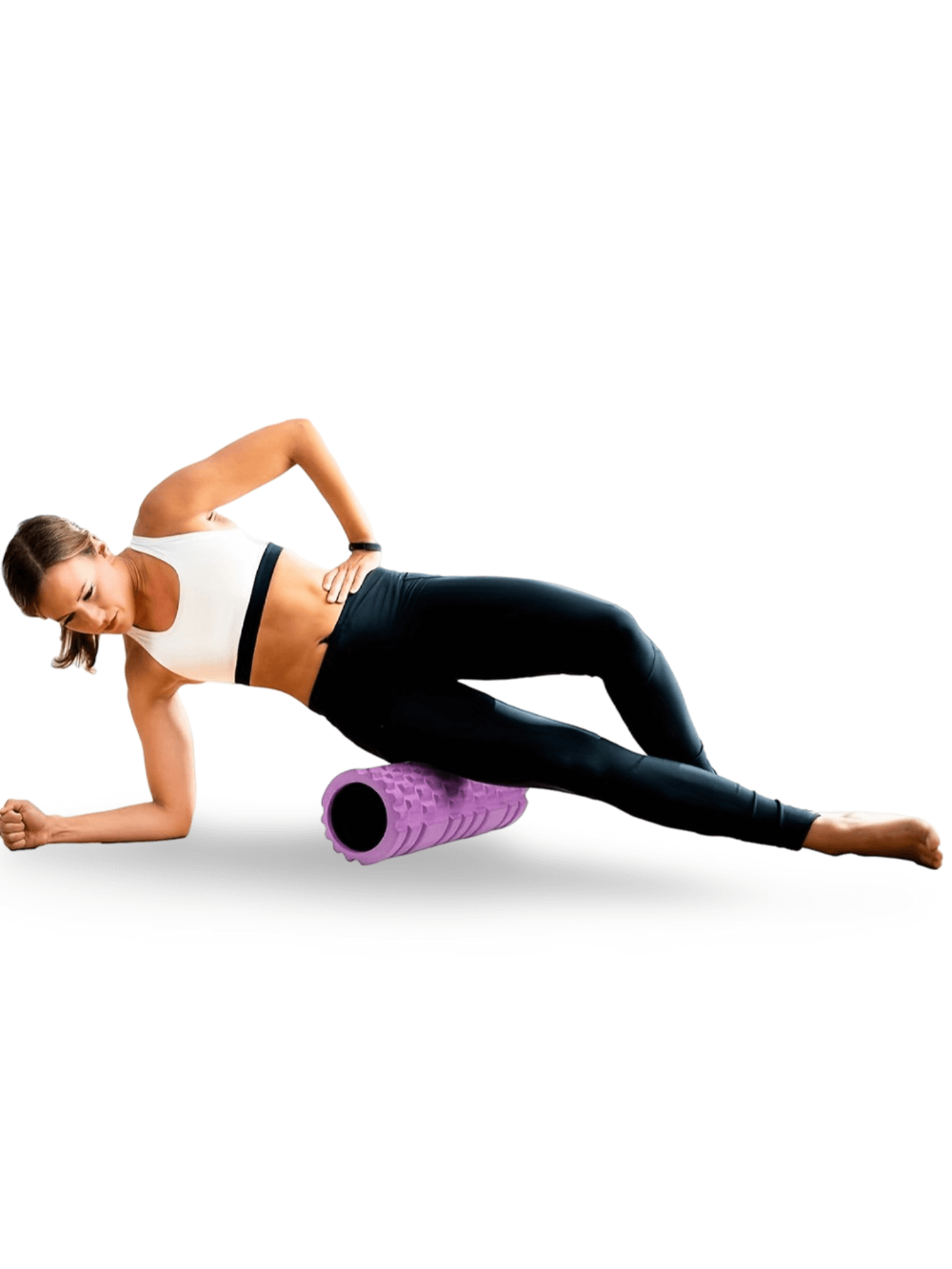 Person using purple EVA foam roller for deep tissue massage during yoga and fitness workout; ideal for muscle recovery and myofascial release.