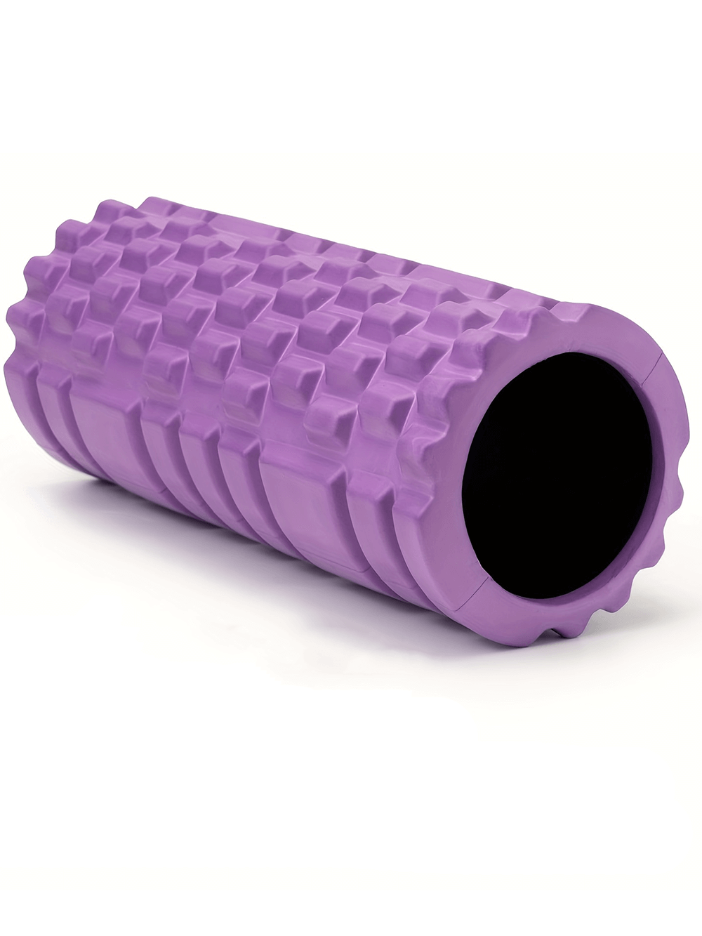 Purple textured EVA foam roller for deep tissue massage and yoga fitness workouts, featuring a unique crescent shape.