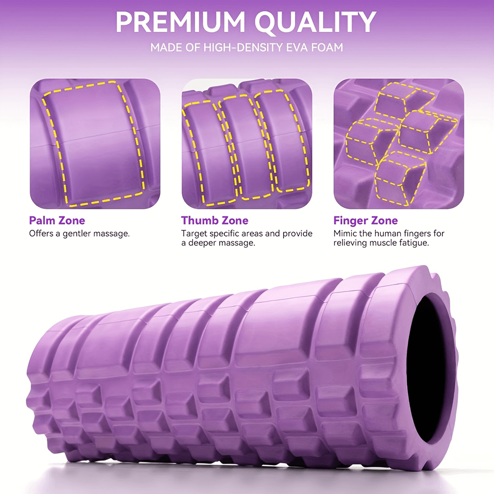 Purple EVA Foam Roller featuring palm, thumb, and finger zone for deep tissue massage and muscle recovery