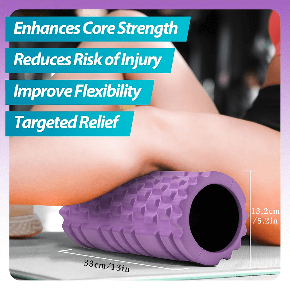 Purple EVA foam roller with crescent shape for deep tissue massage, enhances core strength, reduces injury risk, and improves flexibility.