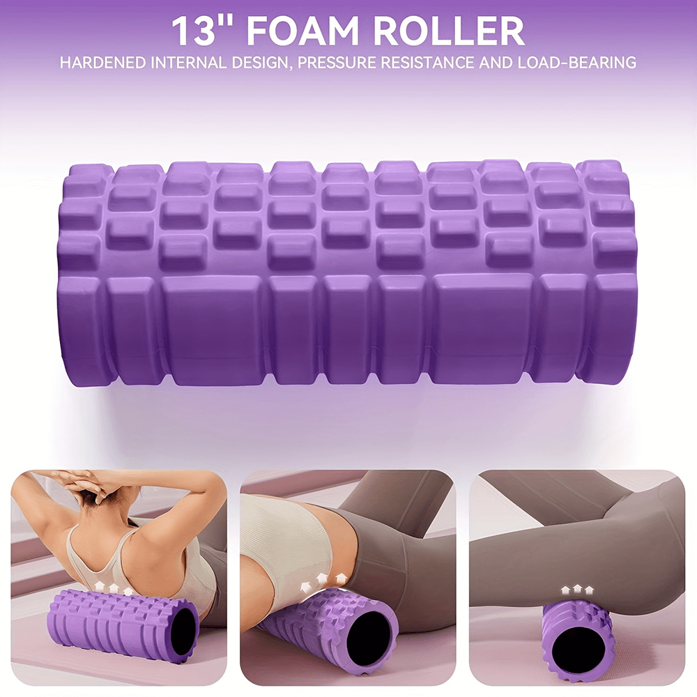 Purple EVA foam roller for yoga and fitness, showcasing textured surface for deep tissue massage and myofascial release.