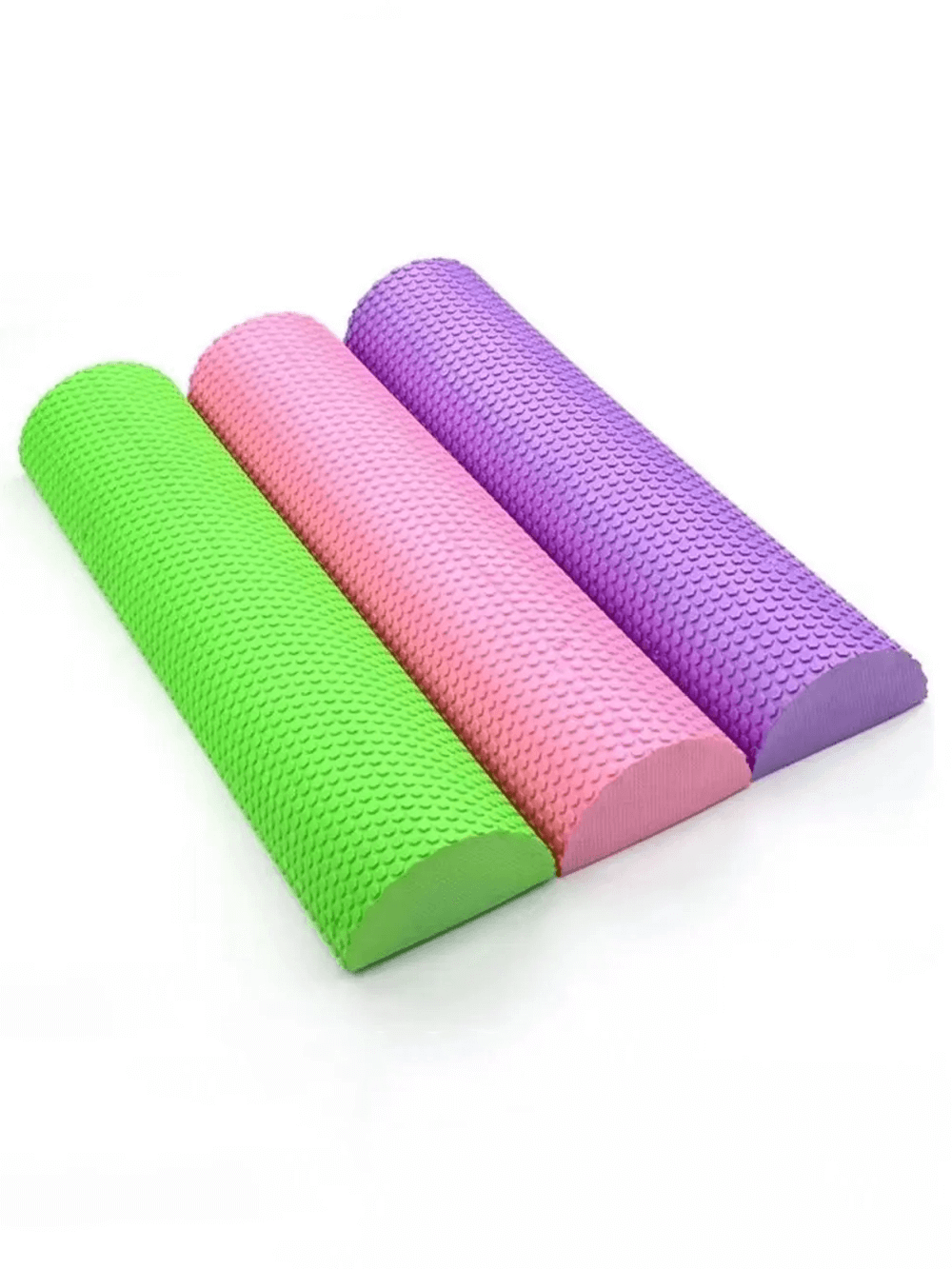 Colorful EVA foam yoga blocks in lime green, pink, and lavender, textured for non-slip grip, ideal for stretching and pilates.