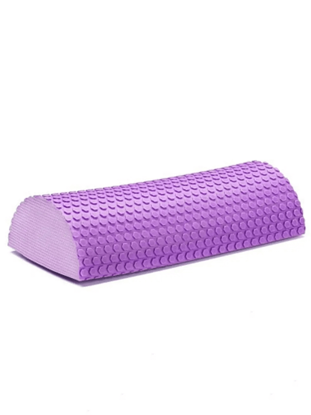 Purple EVA foam half-circle yoga block with textured surface for non-slip support in stretching and Pilates exercises.