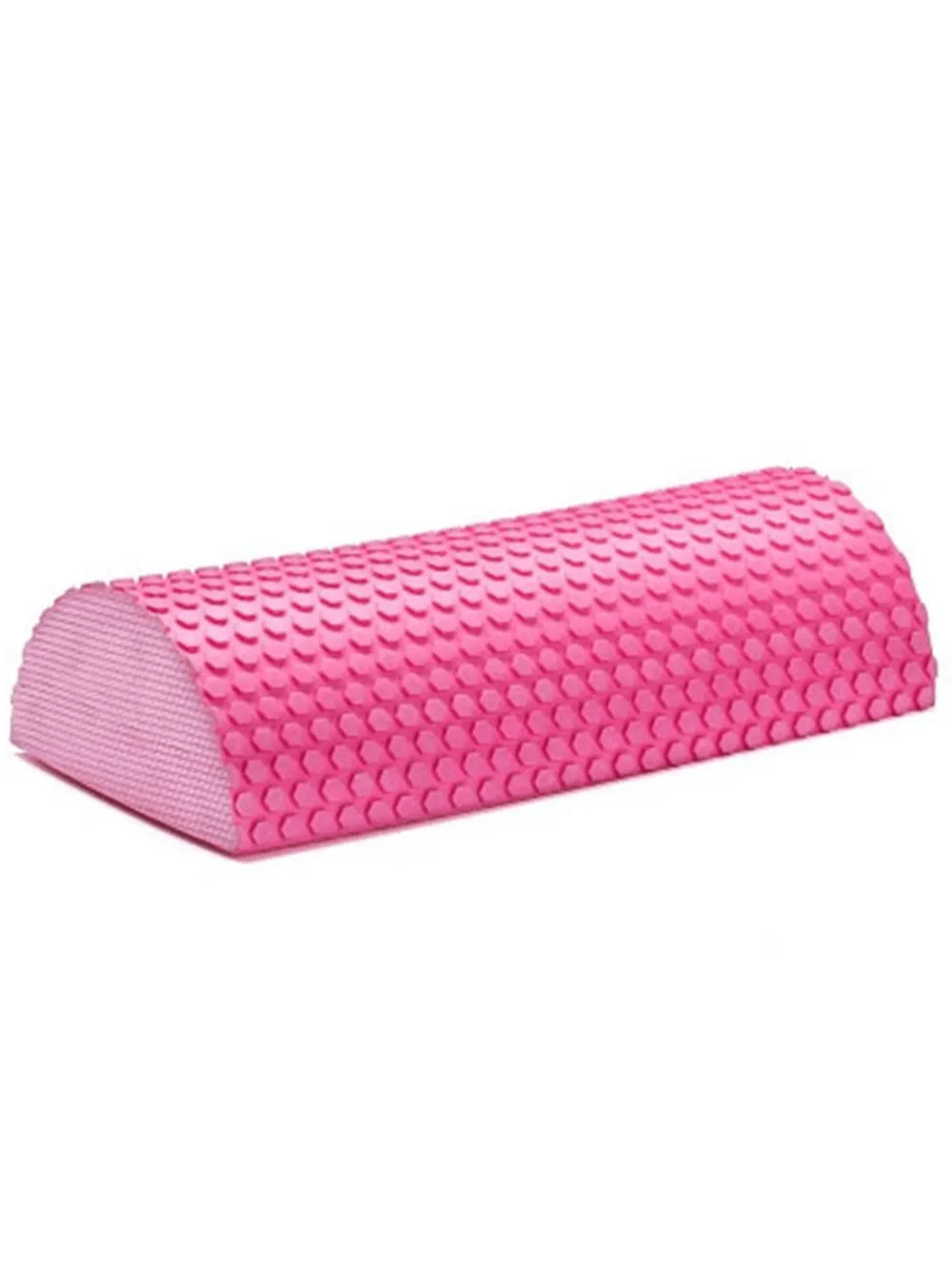 Textured pink EVA foam yoga block for stretching and support, ideal for Pilates and flexibility training. Half-moon design. SF3234
