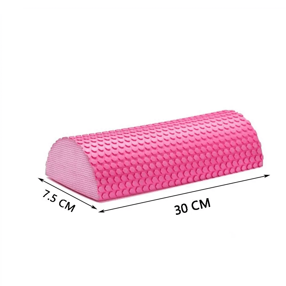 Pink EVA foam half yoga block with textured surface, dimensions 30 cm x 7.5 cm, ideal for Pilates and flexibility exercises.