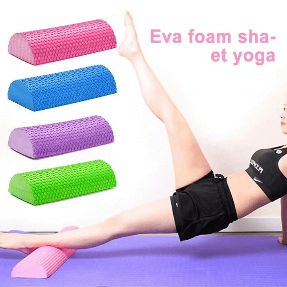 Woman stretching with colorful EVA foam yoga blocks on a purple mat, enhancing flexibility and support in workout routine.