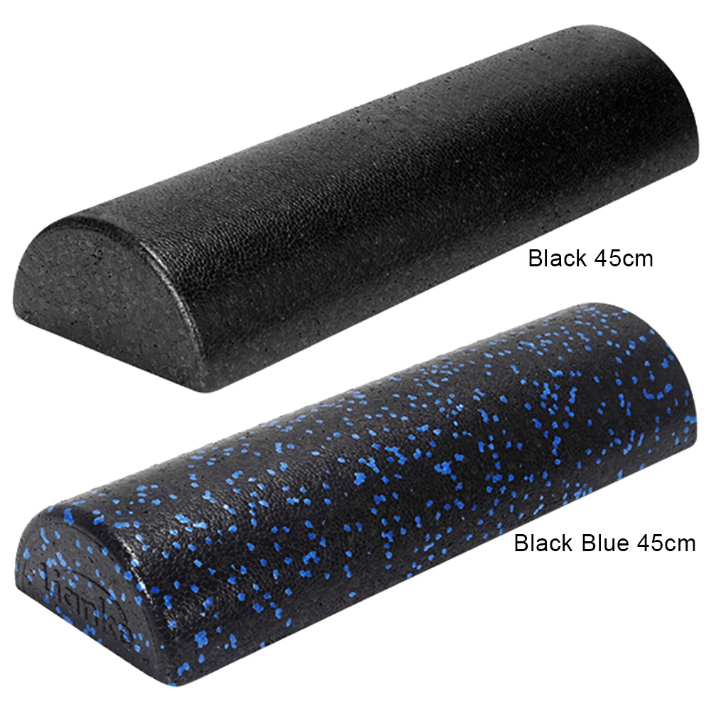 Half-round EVA foam rollers in black and blue speckled, 45cm, ideal for yoga, Pilates, and core training.
