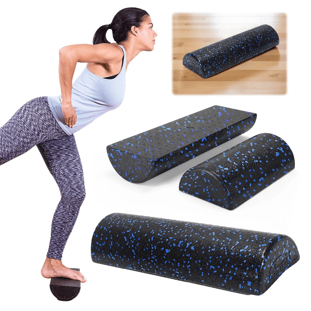 Woman balancing on EVA half-round foam roller for yoga and rehab, SF3235, with textured surface for stability and core training.