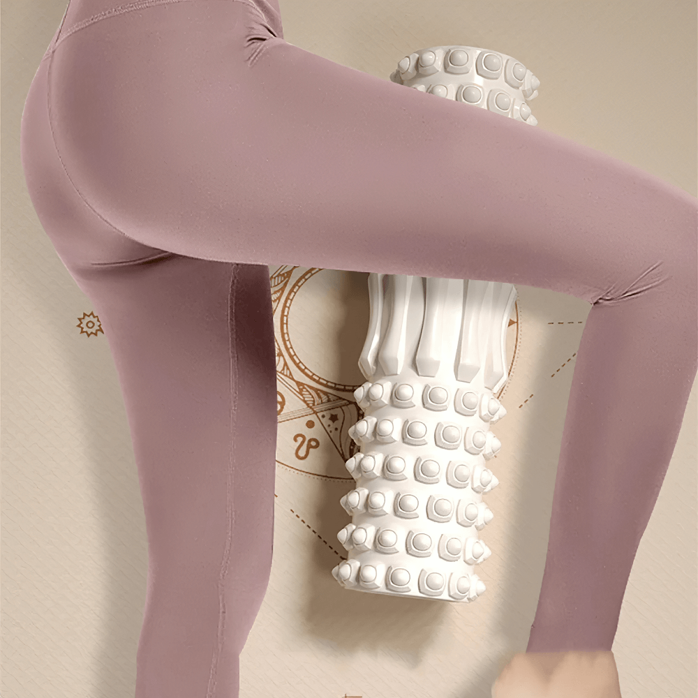 Legs using EVA full body massage roller SF3229 for muscle relief and recovery. Textured surface targets deep tissue. Ideal for post-workout.