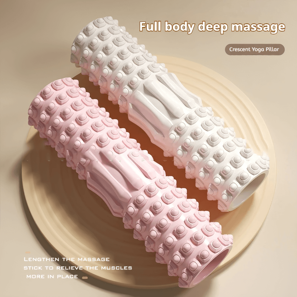 Textured EVA massage rollers in pink and white for deep tissue muscle relief and post-workout recovery.