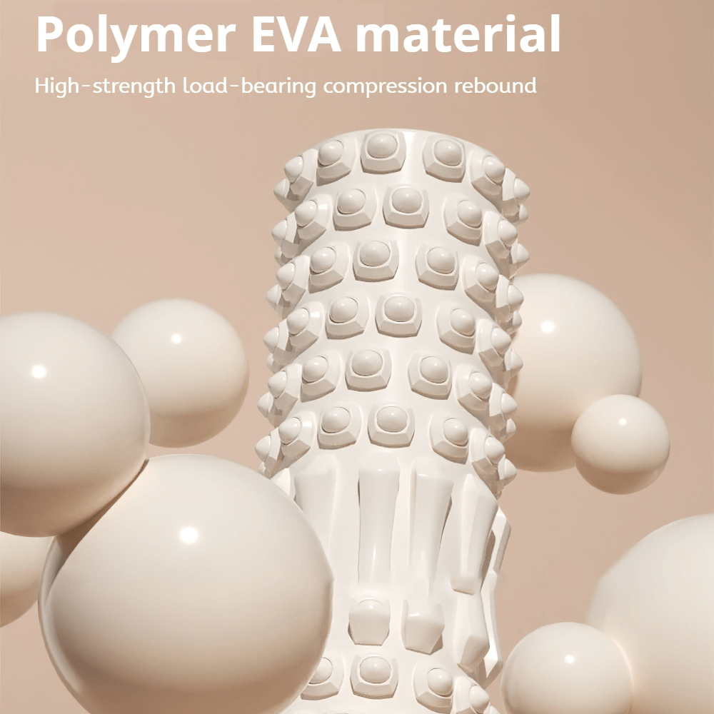 Textured EVA massage roller for deep tissue relief and muscle recovery, ideal for post-workout use. High-strength compression material.