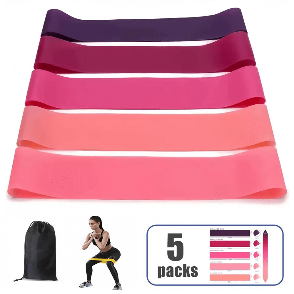 Five-pack of exercise loop bands for gym and home workouts, ideal for fitness, strength training, and flexibility with resistance levels.