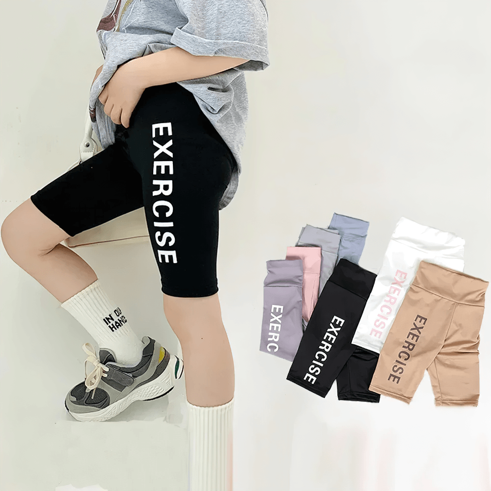 Exercise Print Stretch Biker Shorts for Active Wear - SF3758 showcasing bold letter print and variety of colors for kids' active wear.