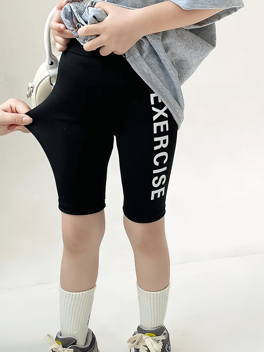 Exercise Print Stretch Biker Shorts for Active Wear - SF3758, kids wearing black shorts with white "EXERCISE" print