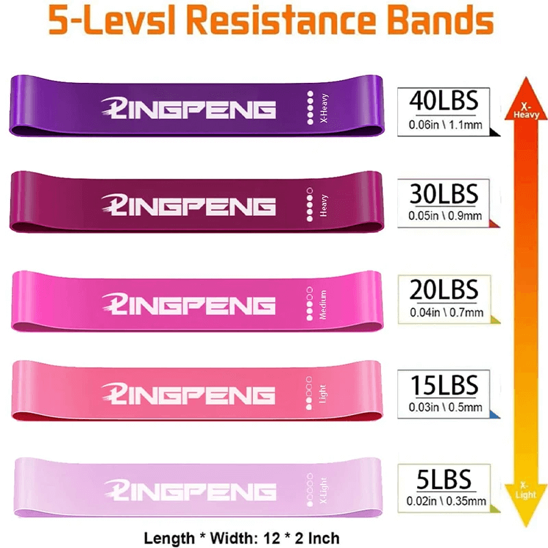Set of 5 resistance bands in purple and pink shades with weight levels from 5lbs to 40lbs for versatile strength training.