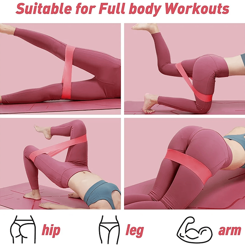 Woman demonstrating exercise stretch bands for hips, legs, and arms in a full body workout routine.