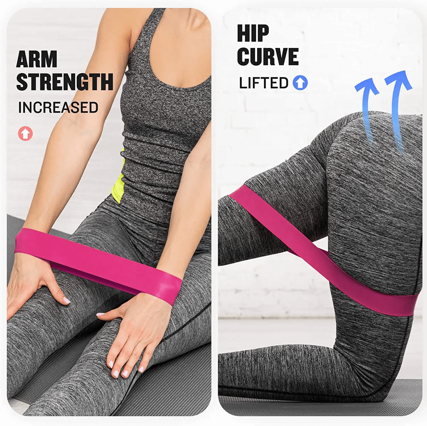 Person using pink resistance loop band for arm and hip exercises, illustrating increased arm strength and lifted hip curve.