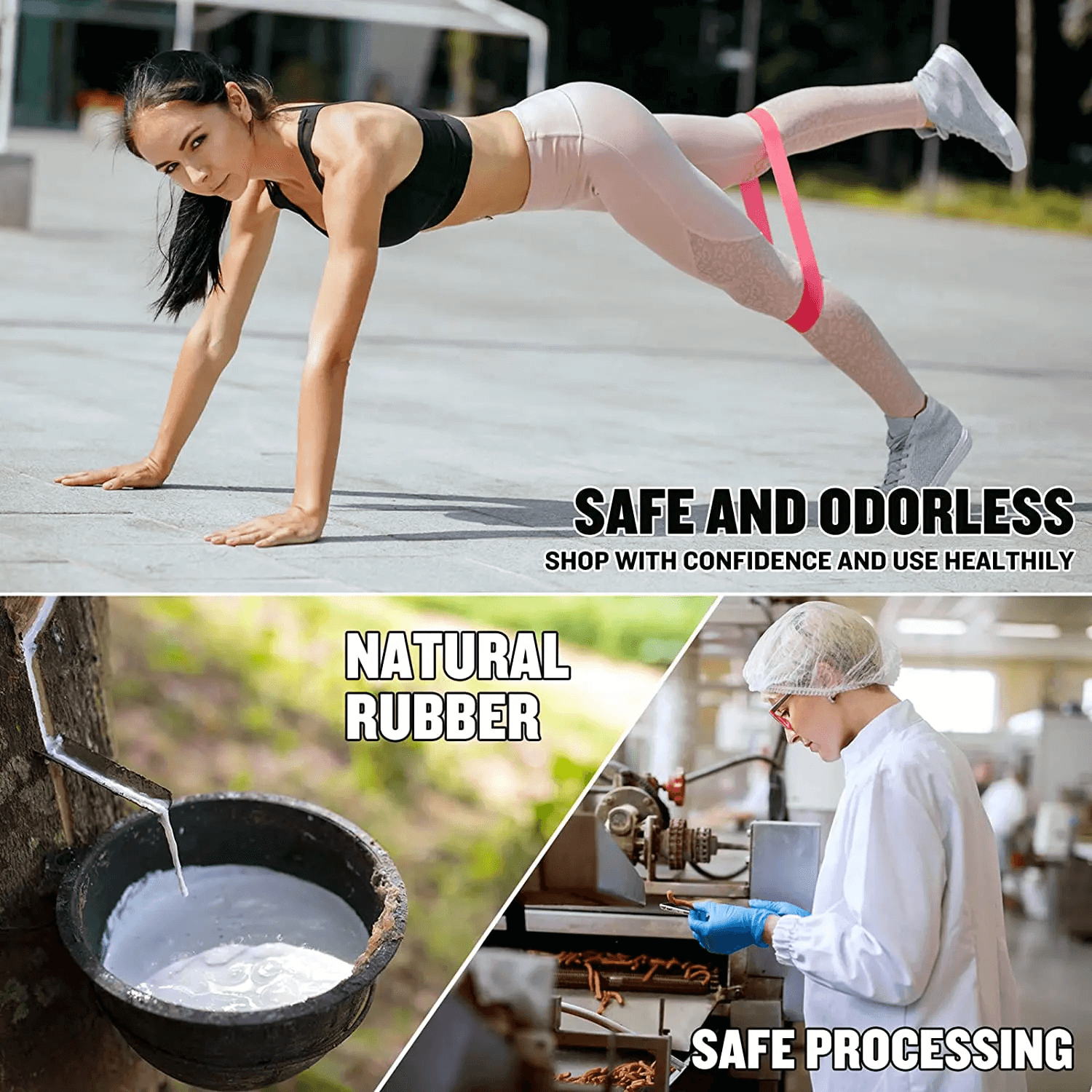 Woman using pink exercise band for leg training; natural rubber extraction; safe processing in factory.