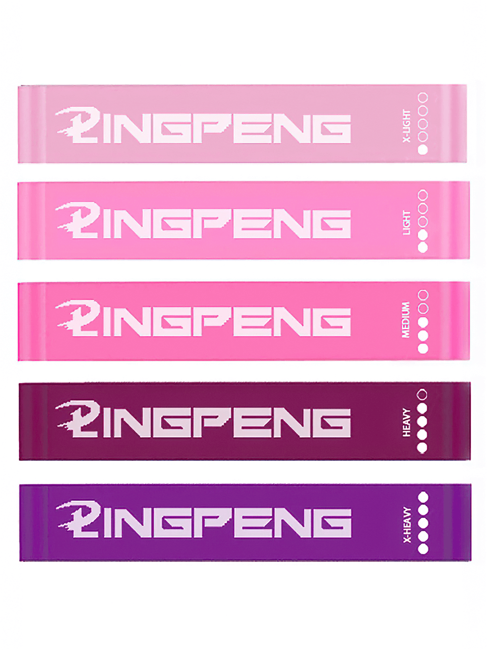 Set of pink and purple resistance bands labeled with varying resistance levels ideal for fitness, yoga, and leg training exercises.