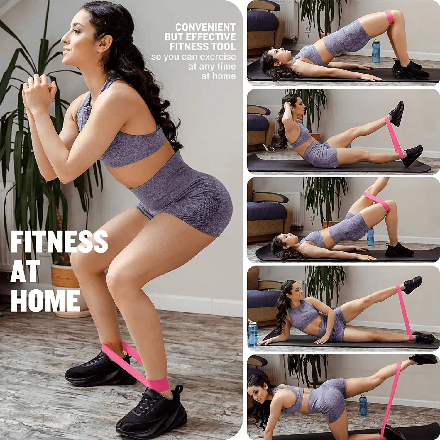 Woman performing exercises with resistance loop bands at home, showcasing various fitness routines for strength and flexibility.