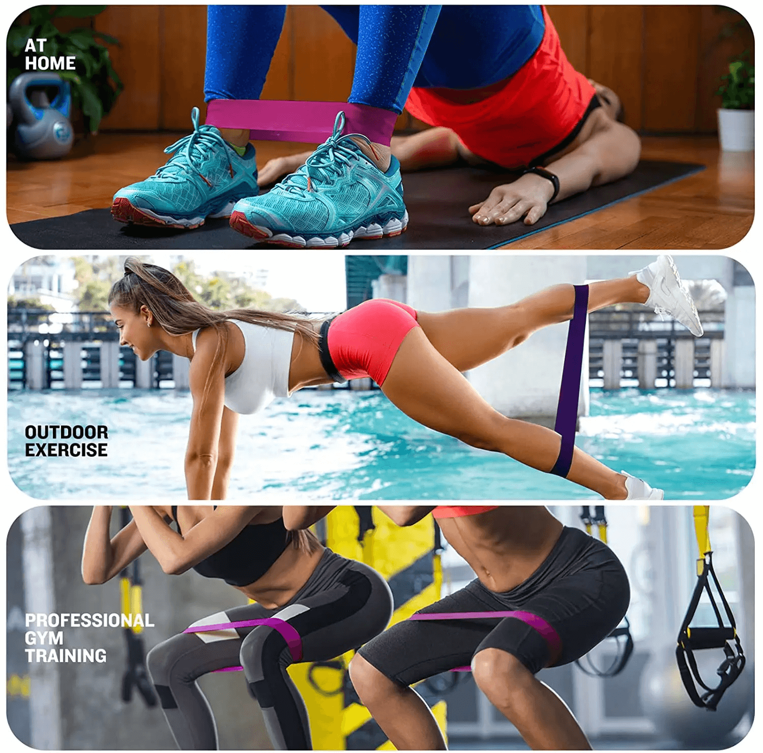 Collage of workout scenes using resistance loop bands for home, outdoor, and gym training.