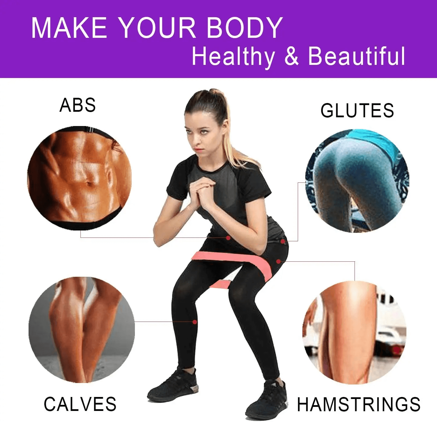 Woman using resistance bands for leg training targeting abs, glutes, calves, and hamstrings, promoting a healthy and beautiful body.