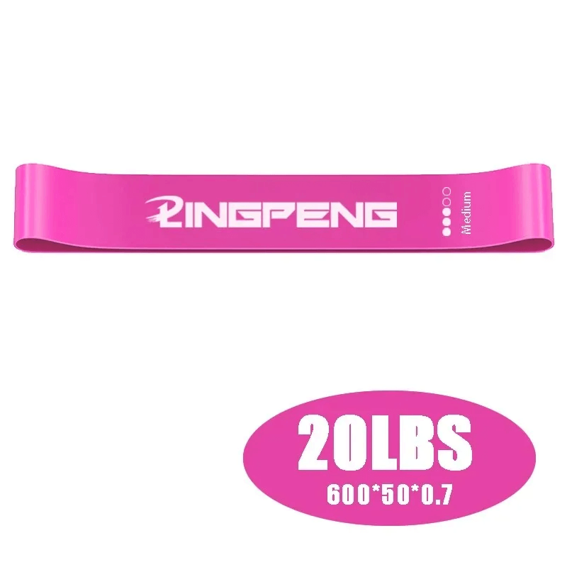 Pink medium resistance loop band for fitness, 20 lbs tension, perfect for yoga, pilates, and leg training exercises.