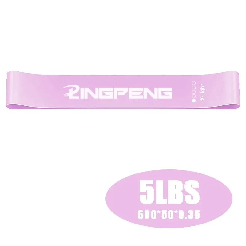 Pink exercise stretch band labeled 5 lbs, ideal for yoga, pilates, and strength training, featuring light resistance in circular design.
