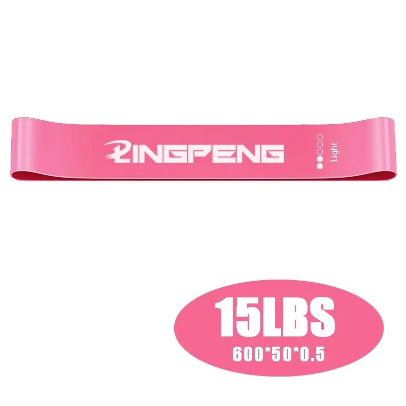 Pink resistance loop band for leg and core training, labeled Light with 15lbs tension, ideal for yoga and pilates exercises.