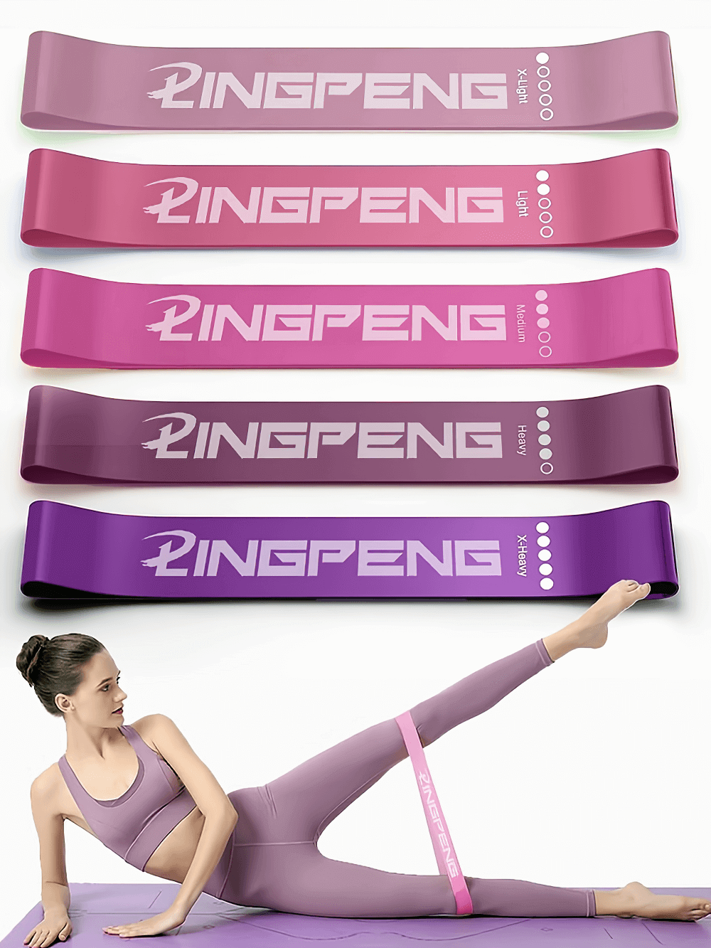 Woman using pink resistance loop band for leg exercises, featuring various colored bands for yoga, pilates, and strength training.
