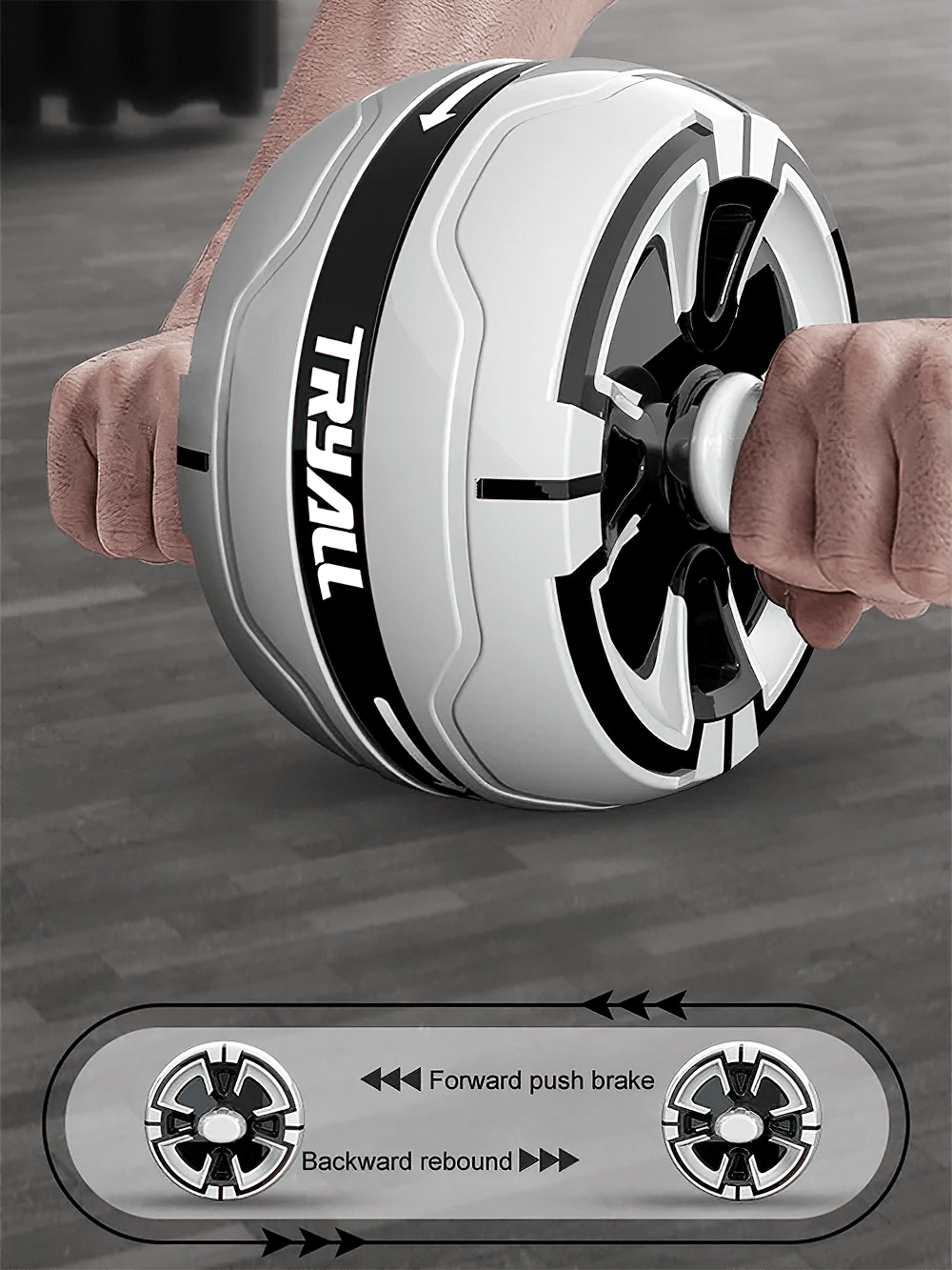 Man using exercise wheel for core strength with forward and backward rebound features on a gym floor.