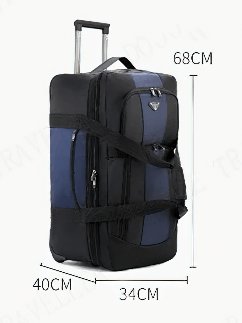 Expandable travel suitcase SF2667 measuring 68cm high, 40cm wide, and 34cm deep with telescoping handle and durable wheels.