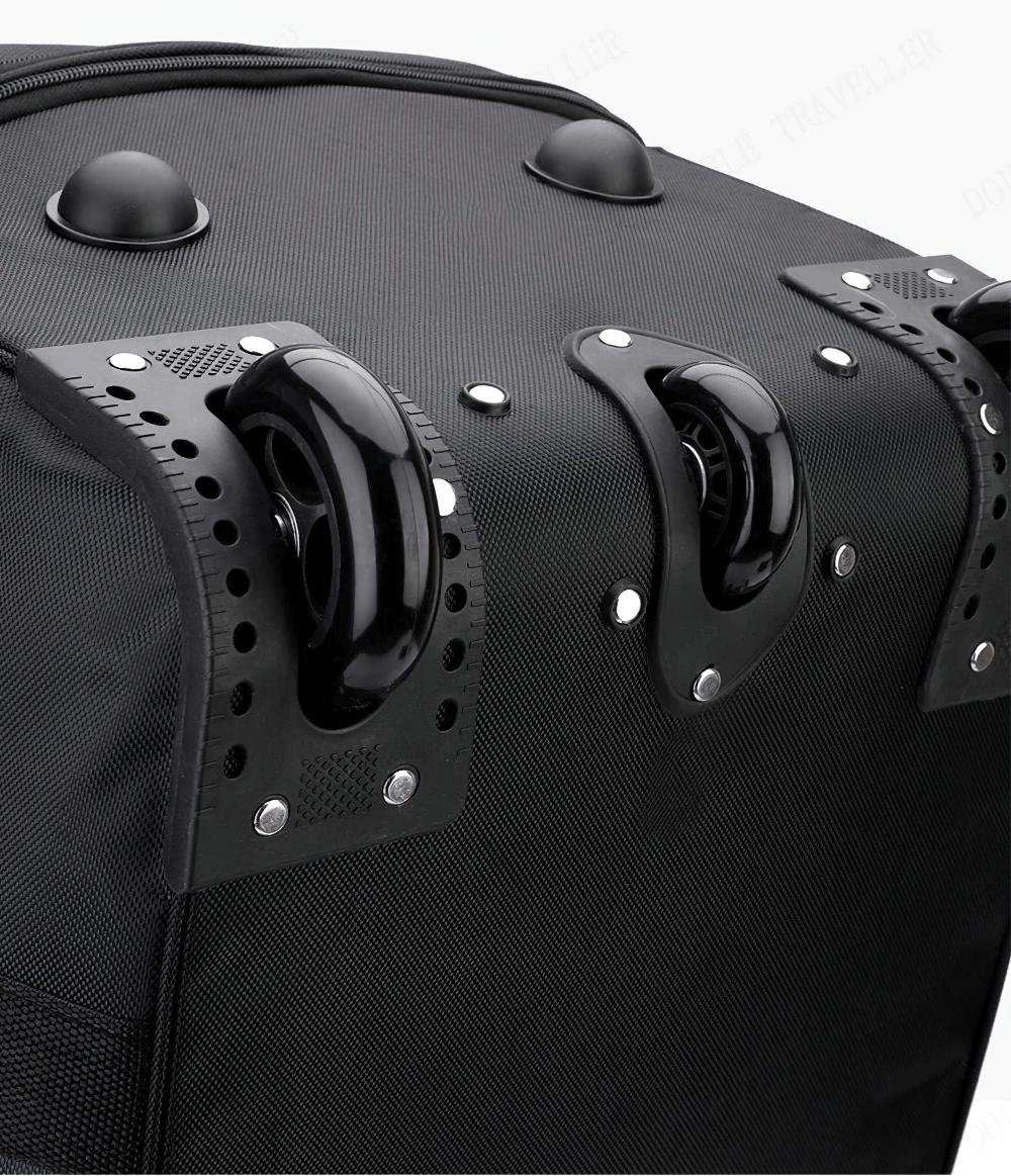 Close-up of wheels and handles on an expandable travel suitcase SF2667, showcasing durable polyester fabric and solid construction.