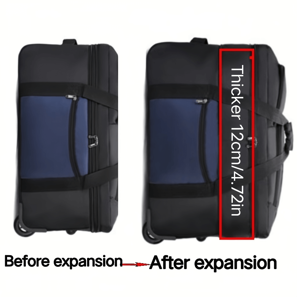 Expandable travel suitcase SF2667 before and after expansion, showing increased thickness with thick 12cm/4.72in label.